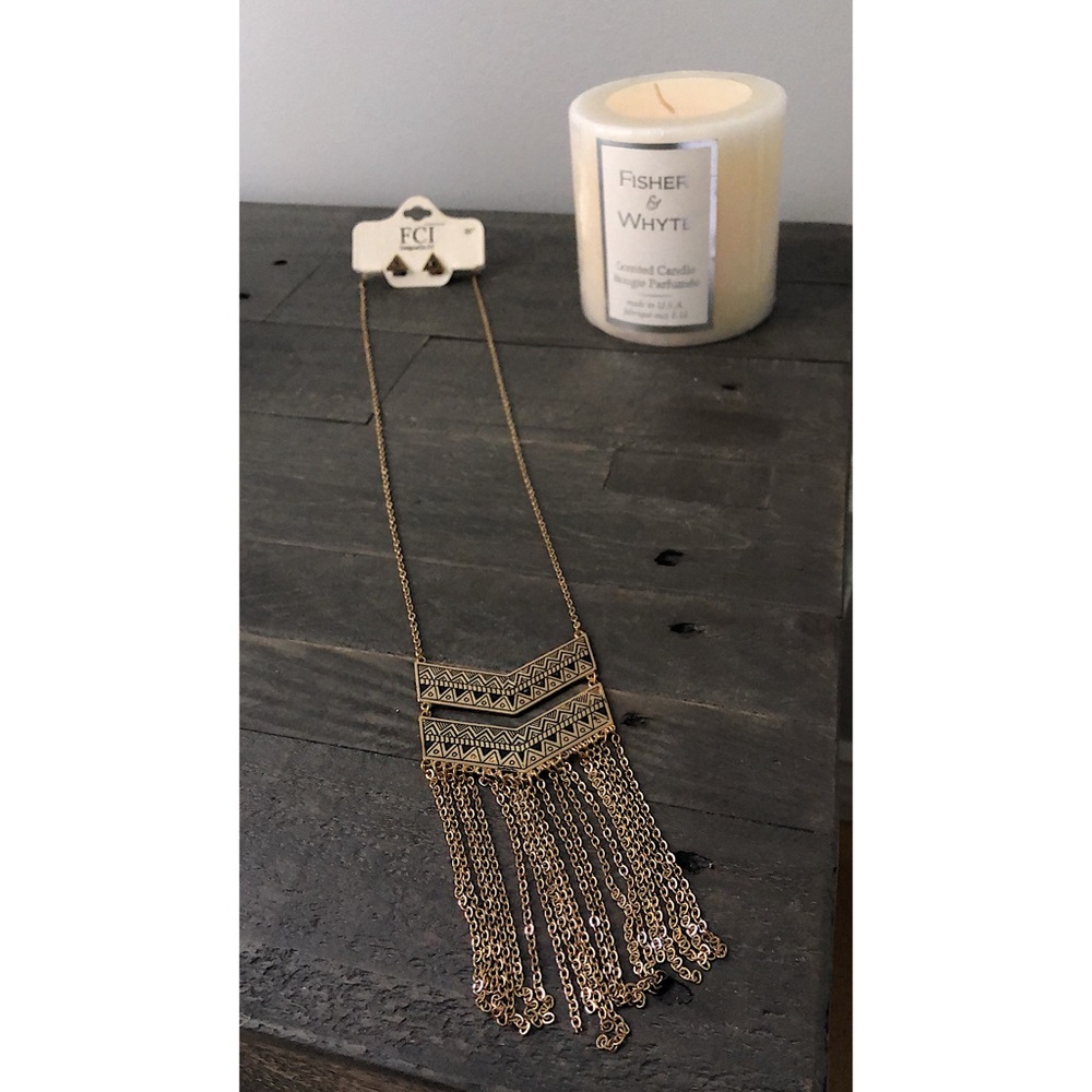 Aztec Print Gold Necklace & Triangle Stud Earrings